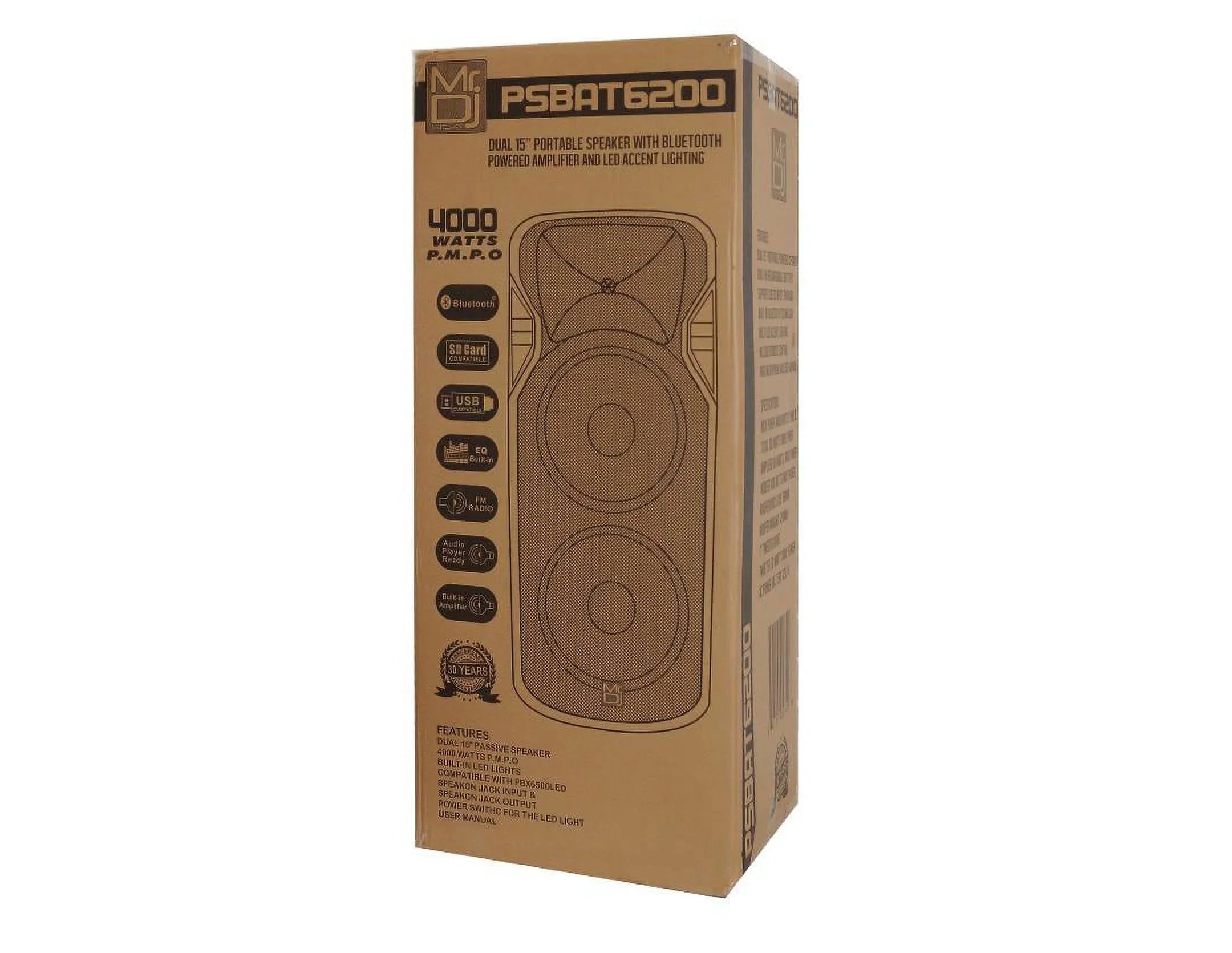 Mr Dj PSBAT6200 Dual 15-Inch 4000 Watt Max Power 3 Way Party Speaker with Built-In Bluetooth & Rechargeable Battery