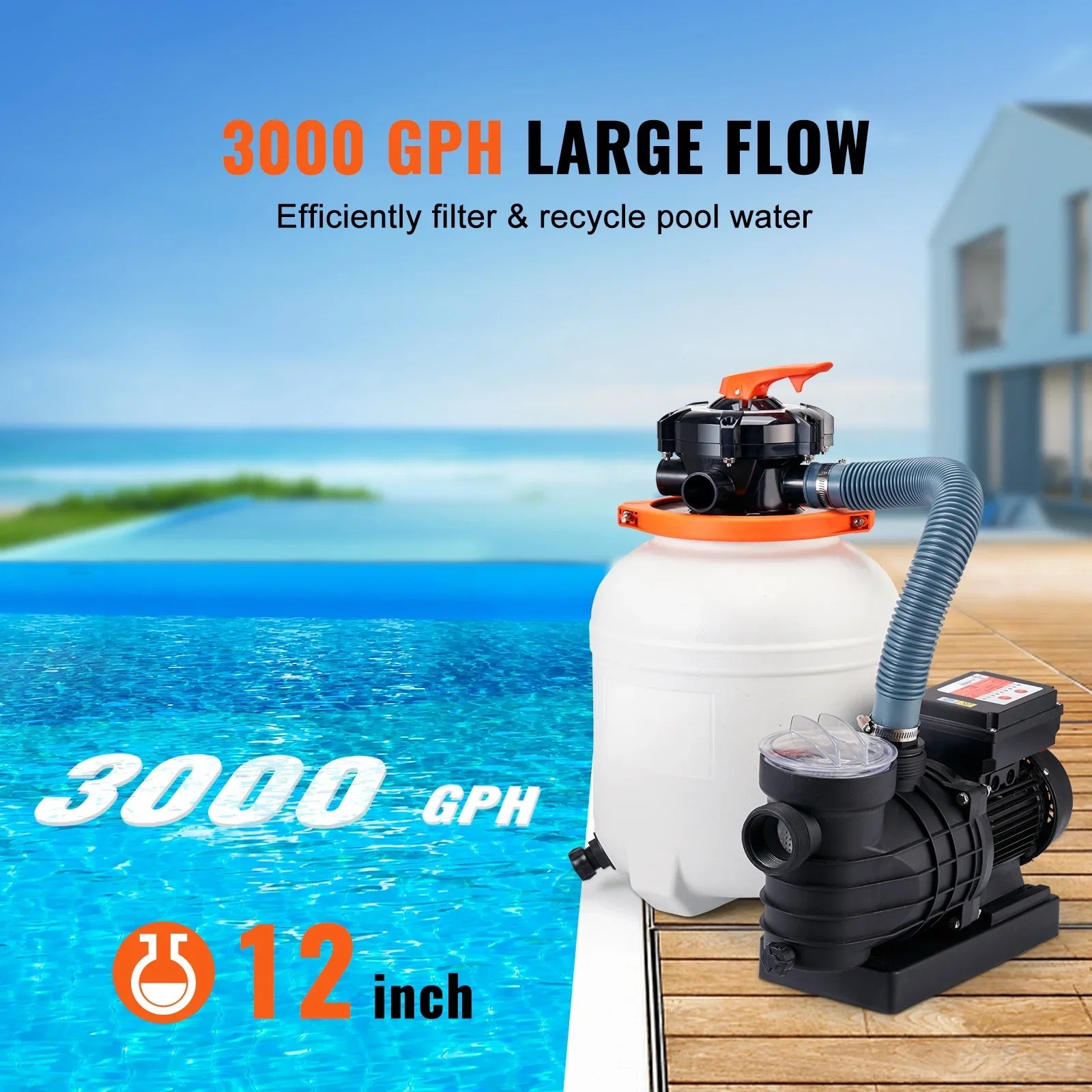 12" 6-Way Valve Sand Filter Above Ground with 1/2HP Swimming Pool Pump 3000GPH Flow