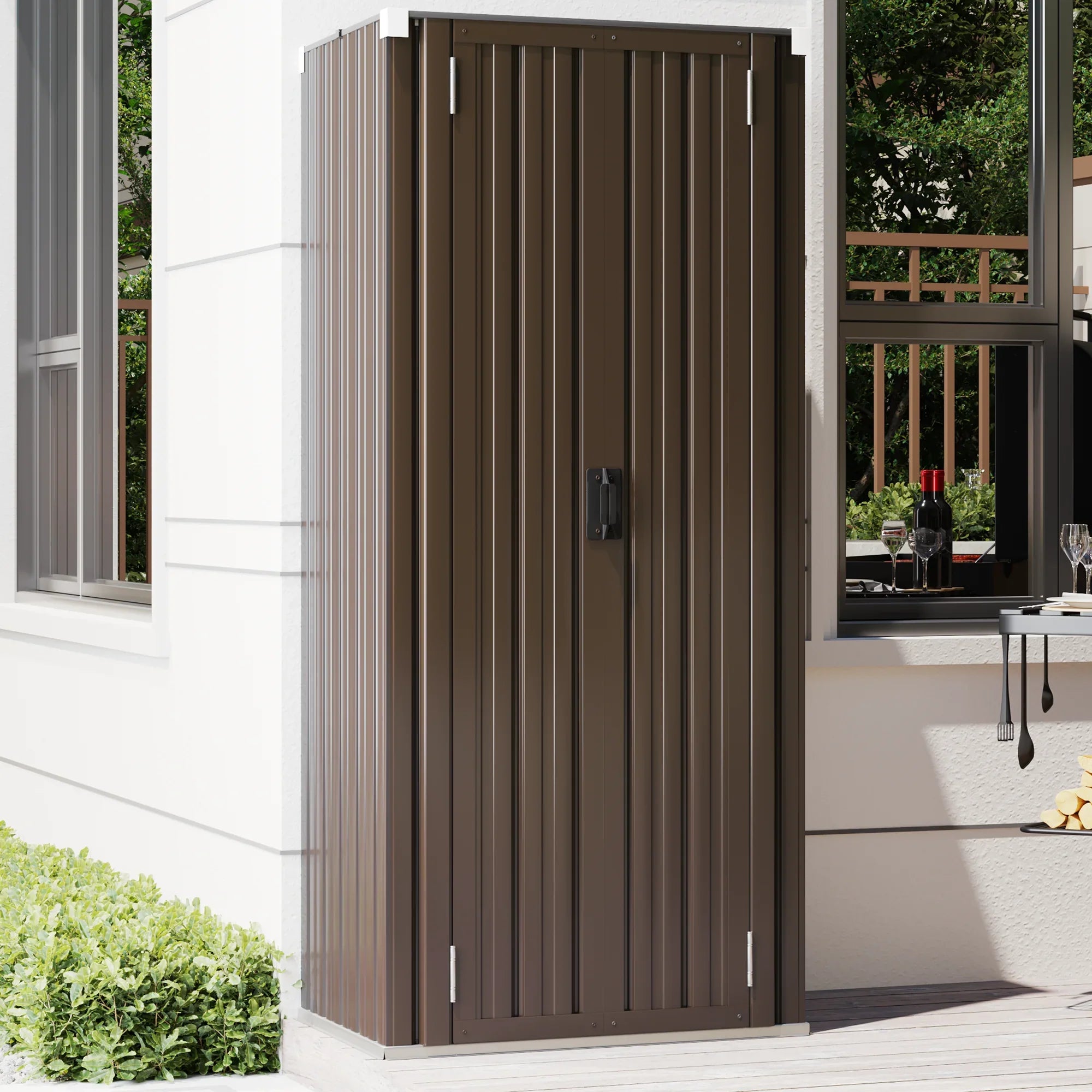 70" Metal Storage Cabinet with Doors and Shelves Outdoor/ Indoor Storage Shed Organizer for Garage& Garden in Brown