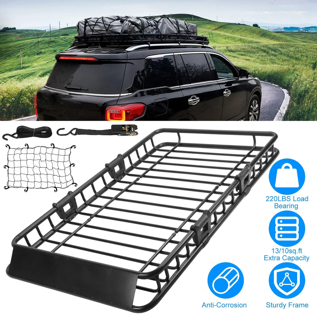 Universal Roof Rack Cargo Carrier, iMounTEK Extension Car Top Luggage Basket, 220 lb. Capacity Roof Rack Basket with Elastic Net and 10 Hooks, 63x39x6.3in, Black