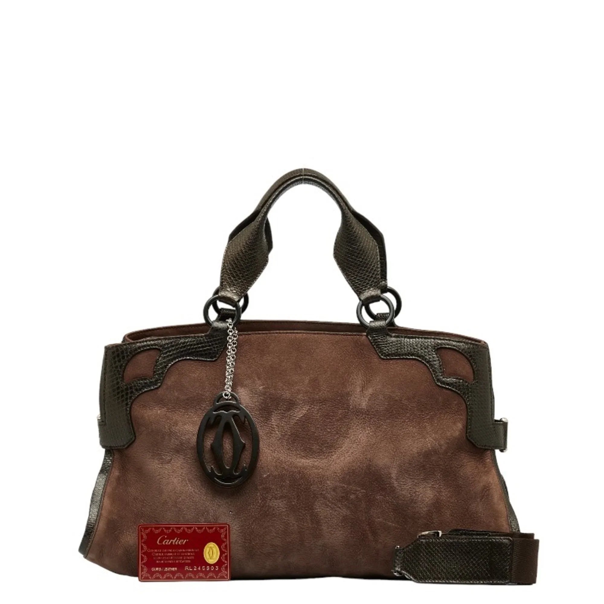 Pre-Owned Cartier Marcello Handbag Brown Suede Leather Ladies  (Good)