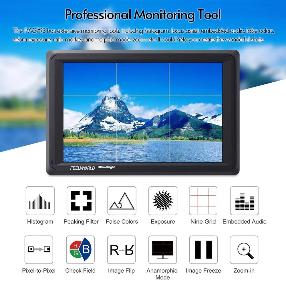 FW279S 7 Inch 2200nit Ultra Bright Daylight Viewable Field Monitor Thin Design 3G- 4K Input Output 1920*1200  Panel for Outside / Viewable Even in Direct Sunlight