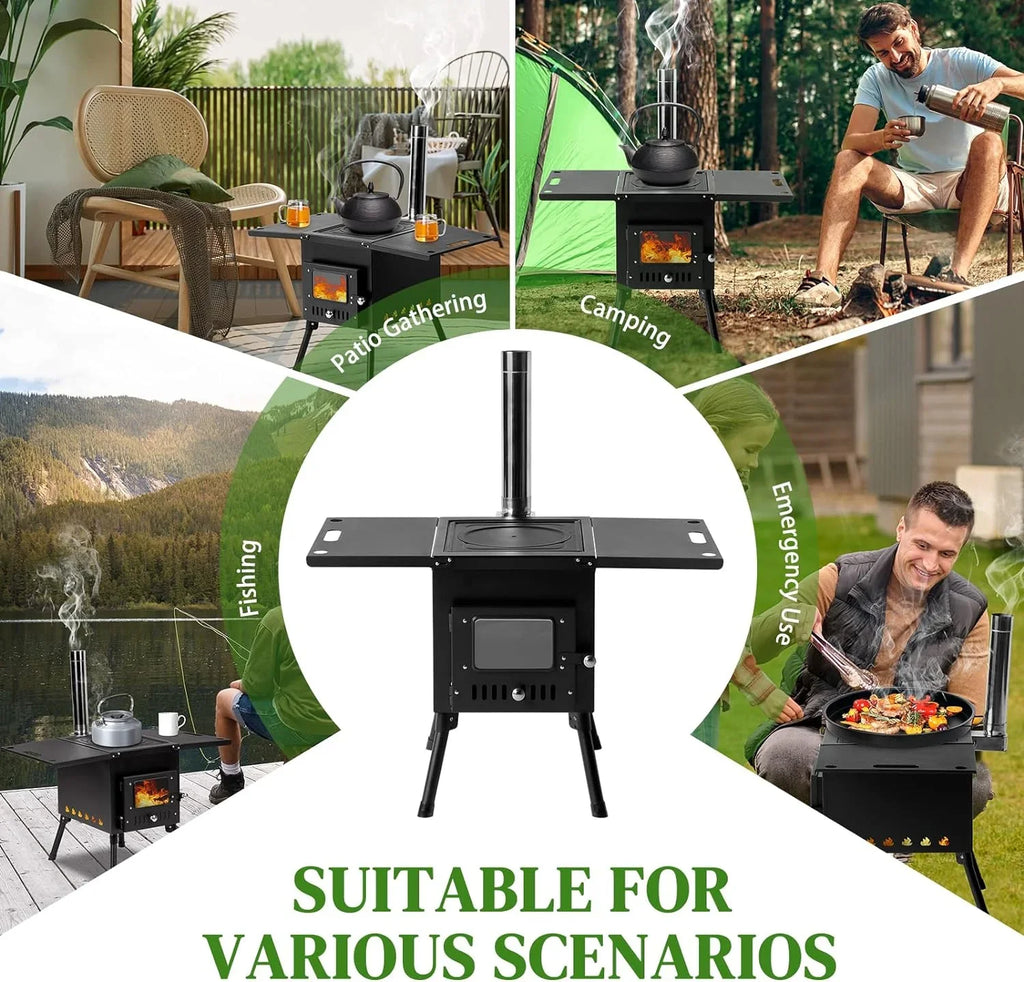 Camping Wood Stove, Outdoor Portable Tent Wood Burning Stove with Stainless Chimney Pipes, Tent Stove Jack & Gloves for Outdoor Camping Cooking and Heating 1-2 People Use(Black)