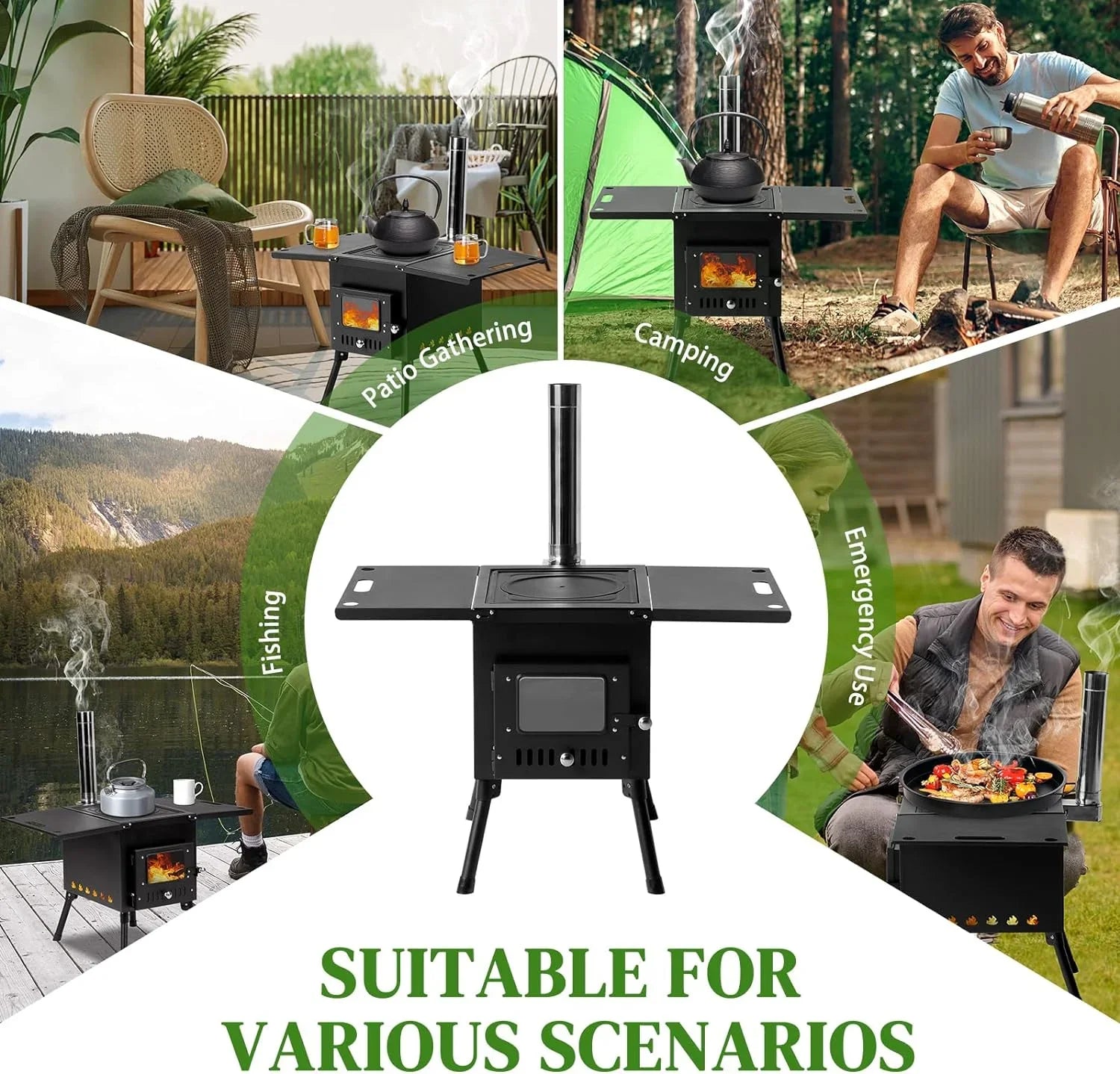 Camping Wood Stove, Outdoor Portable Tent Wood Burning Stove with Stainless Chimney Pipes, Tent Stove Jack & Gloves for Outdoor Camping Cooking and Heating 1-2 People Use(Black)