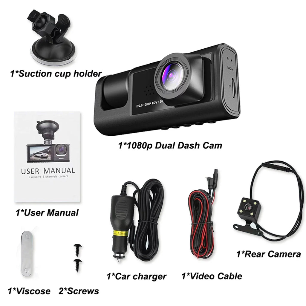 Andoer Dash Cam Front and Rear Inside 3 Cameras 1080P+720P+480p Car Rearview Mirror Car Video Recording Camcorder Night Vision Car Camera Recorder Auto Safety Driving Recorder