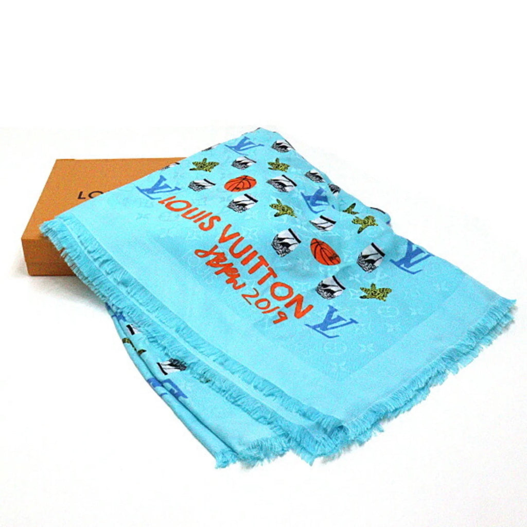 Pre-Owned Louis Vuitton Jonas Wood   monogram stole M76053 blue shawl basketball/flower/pot silk 60% wool 40% (Like New)