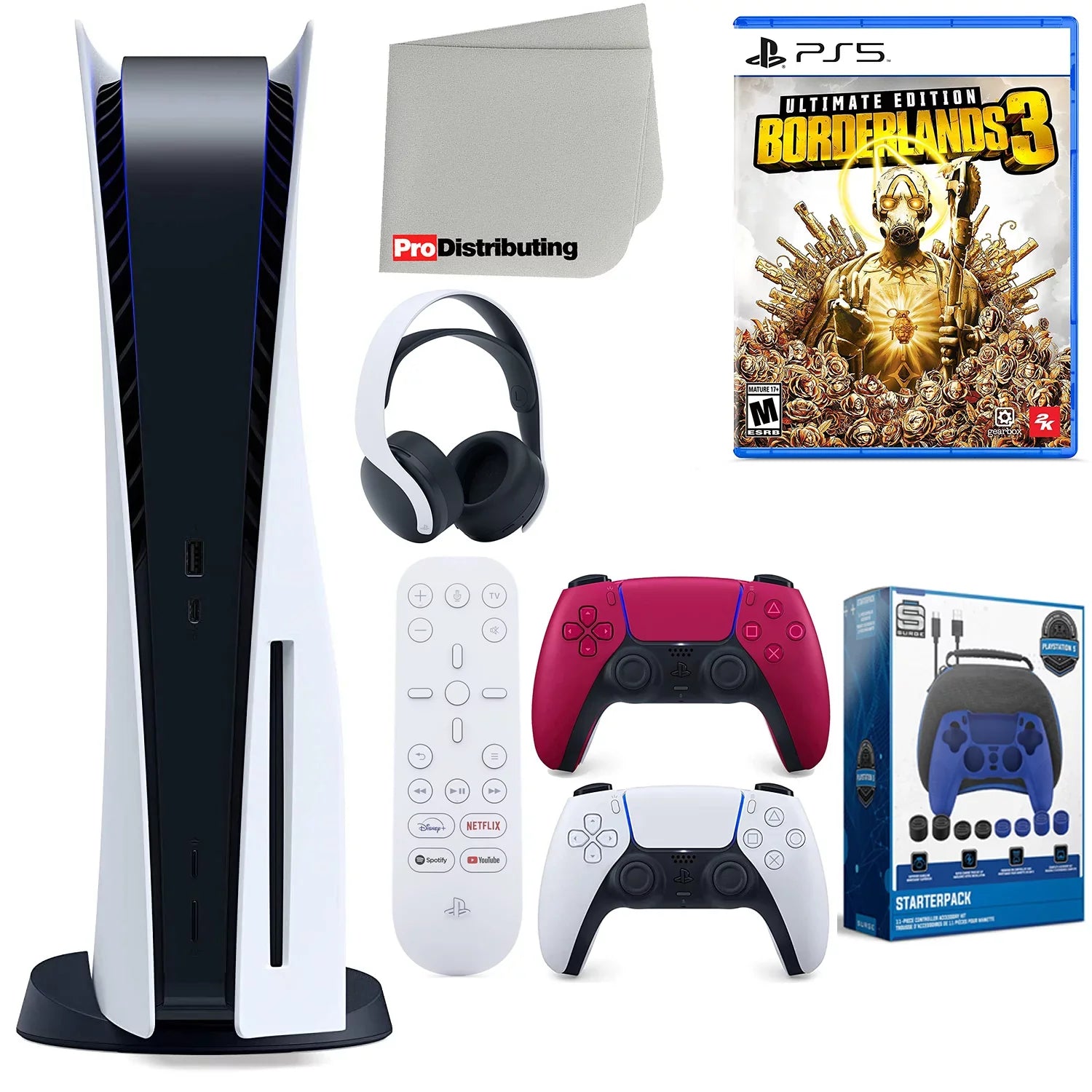 Sony Playstation 5 Disc Version (Sony PS5 Disc) with Cosmic Red Extra Controller, Headset, Media Remote, Borderlands 3 Ultimate Edition, Accessory Starter Kit and Microfiber Cleaning Cloth Bundle