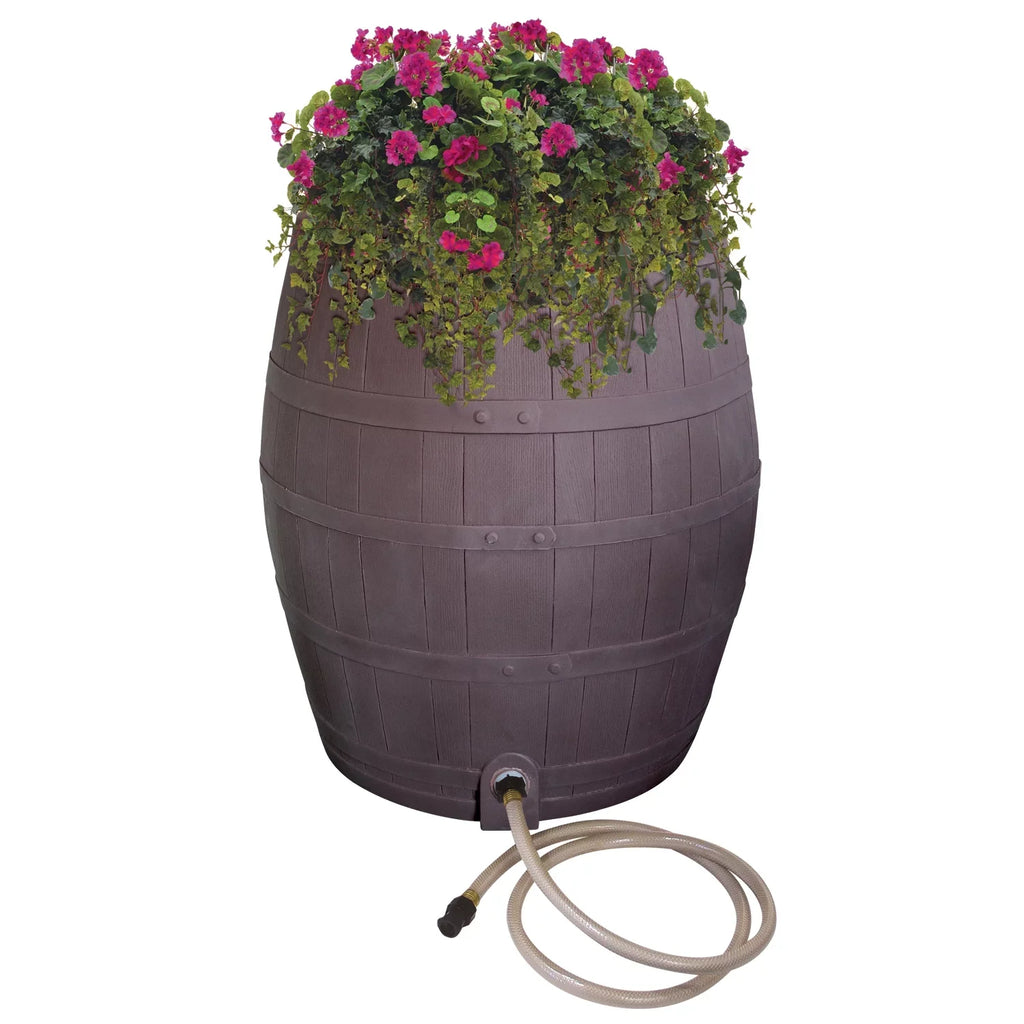 Rescue 50-Gallon Whiskey Rain Barrel – Includes Planter, Rain Water Diverter, Outlet Hose – Flatback Design – Brown