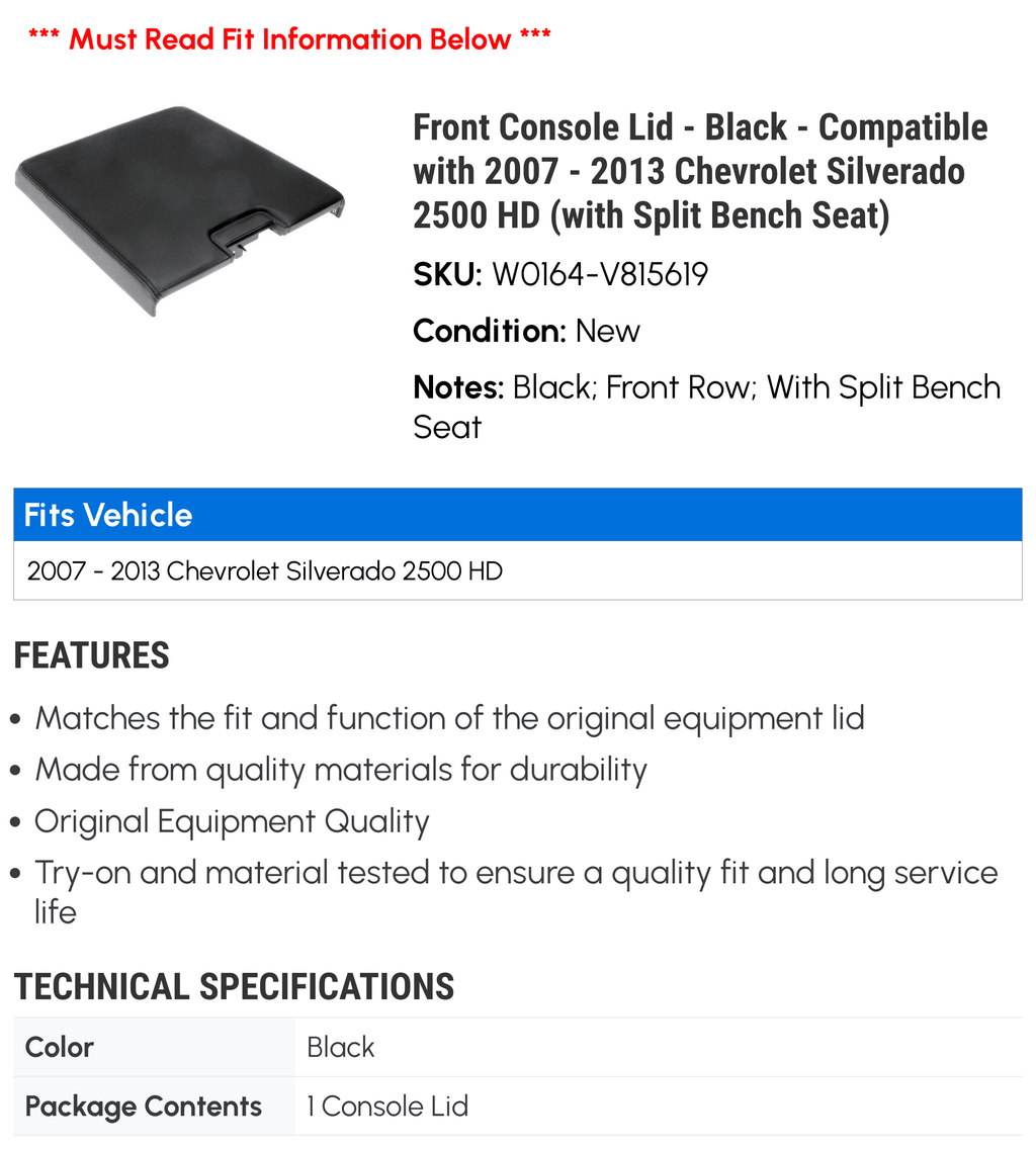 Front Console Lid - Black - Compatible with 2007 - 2013 Chevy Silverado 2500  (with Split Bench Seat) 2008 2009 2010 2011 2012
