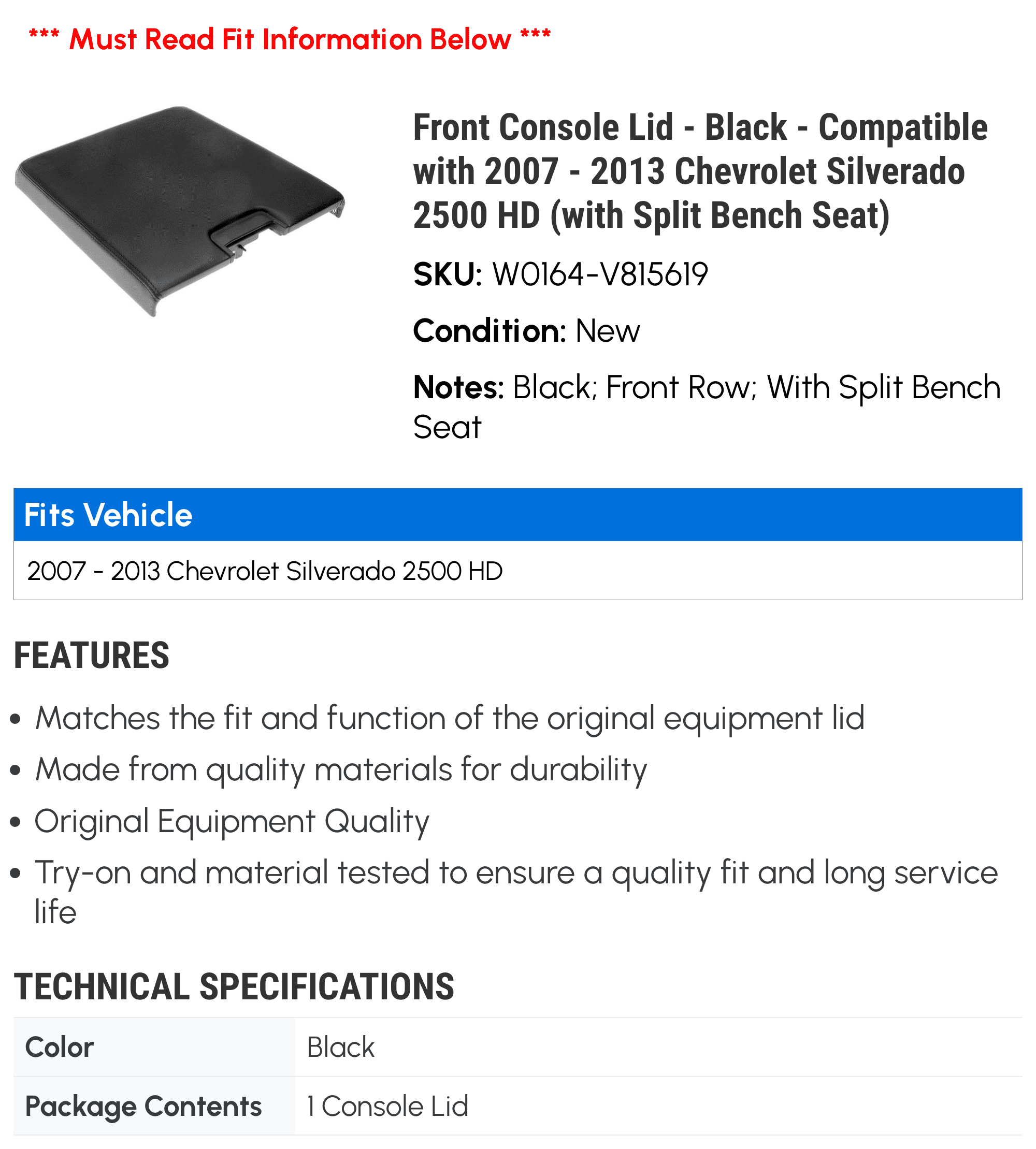 Front Console Lid - Black - Compatible with 2007 - 2013 Chevy Silverado 2500  (with Split Bench Seat) 2008 2009 2010 2011 2012