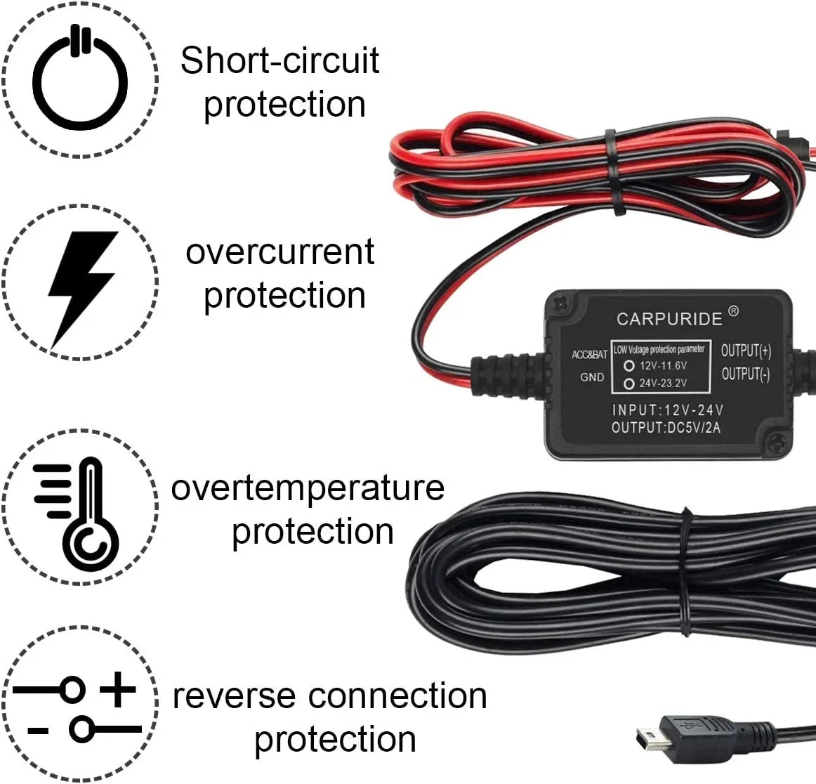 Dash Cam Hardwire Kit, Mini  Port,  12V - 24V to 5V/2A Max Car Dash Camera Charger Cable kit with Fuse, Low