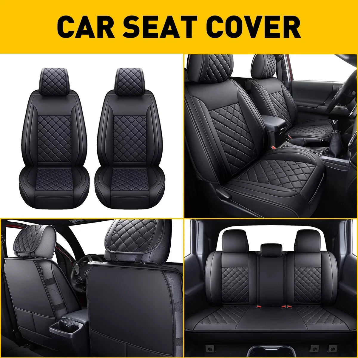 Car Seat Covers Full Set With Waterproof Leather Fit for 2007-2023 Toyota Tacoma Crew Cab (Full Set, Black)