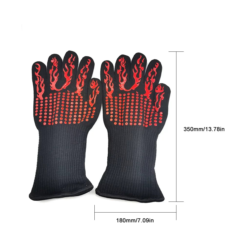 Barbecue Gloves with Silicone -slip Stripe Heat Proof Oven Gloves 500~800℃ Heat Resistant Grill Gloves for Outdoor Barbecue Garden Grilling Kitchen Cooking Welding