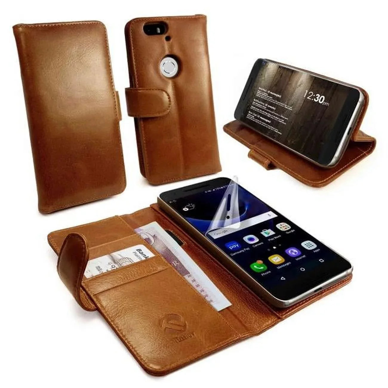 C1-89 Vintage Leather Wallet Free Screen Protector Case Cover for Huawei Nexus 6P - Brown