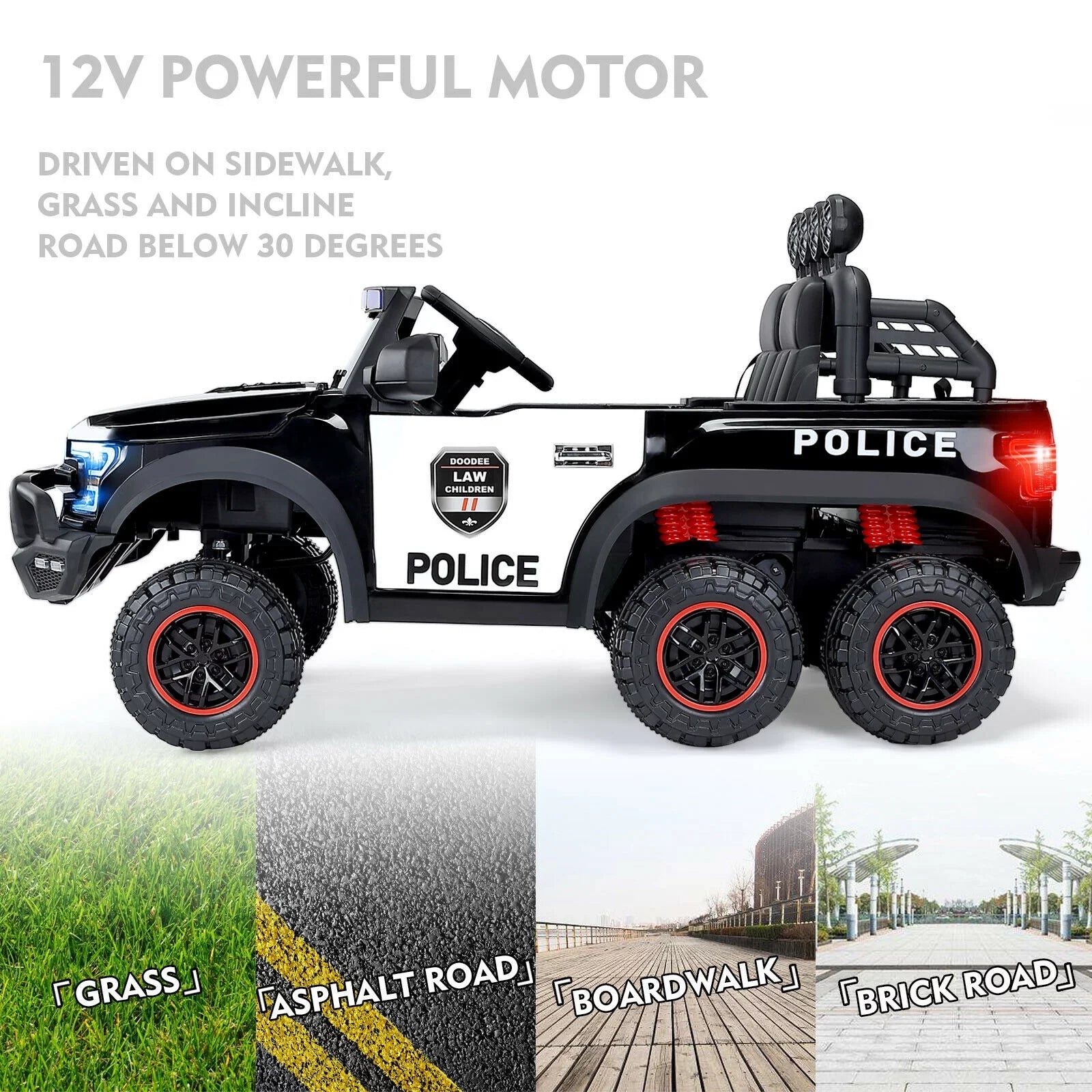 6 Wheels 12V Kids Ride on Police Car Toy with Remote Control (Black)