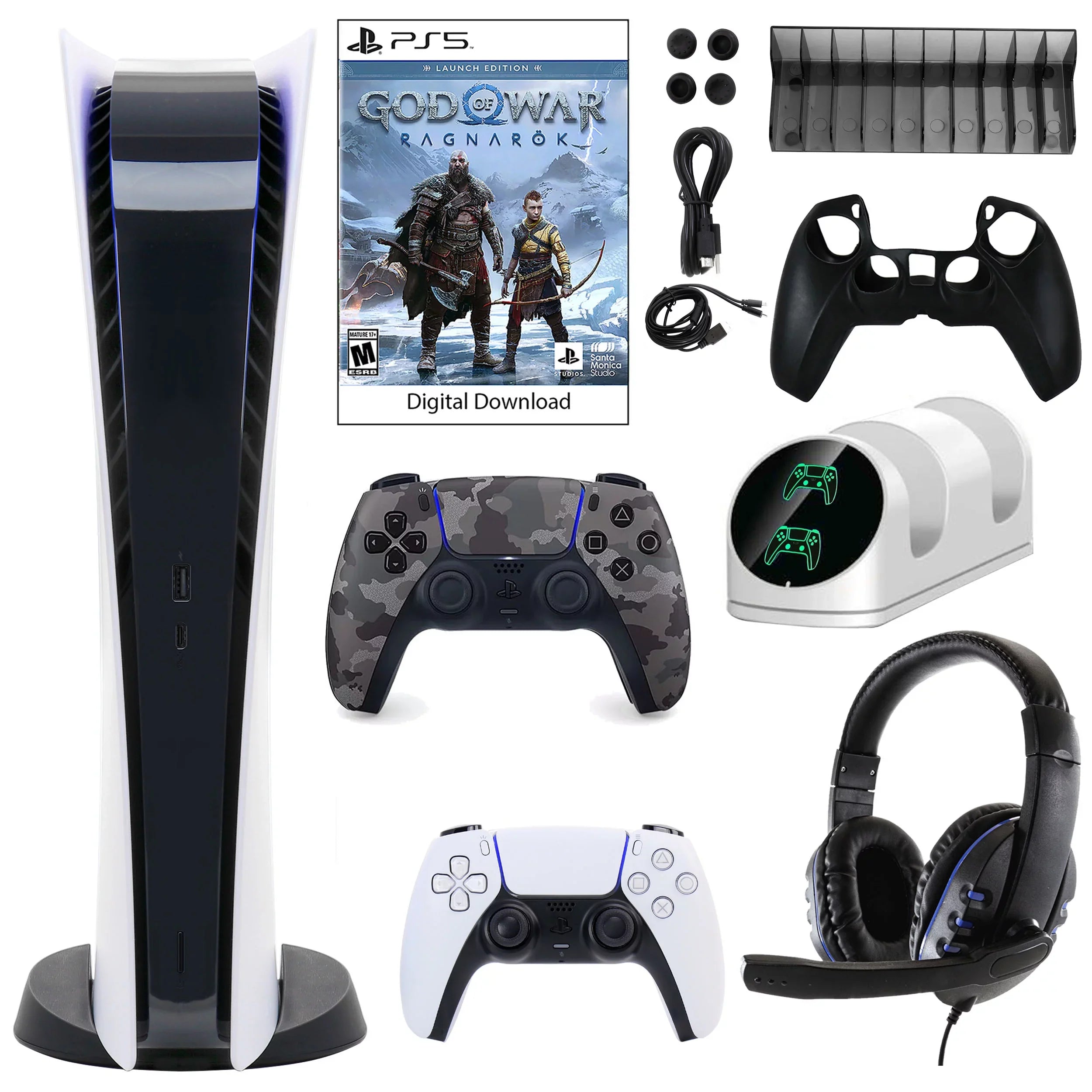 Sony PlayStation 5 Digital  Console with Extra Gray Camo Dualsense Controller and Accessories Kit