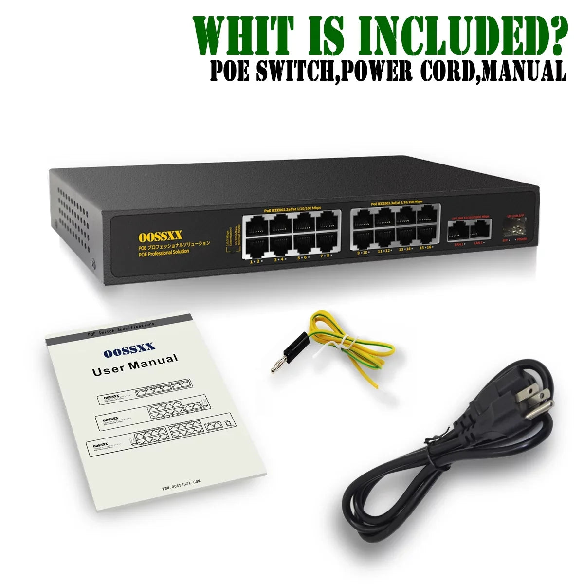 16 Port  Switch, Unmanaged Outdoor Computer Network Passthrough Powered Router, Networking Internet Ethernet Hub (16 Port PoE+/2 Gig Up-link/1 Fiber ) Power Extender Switches