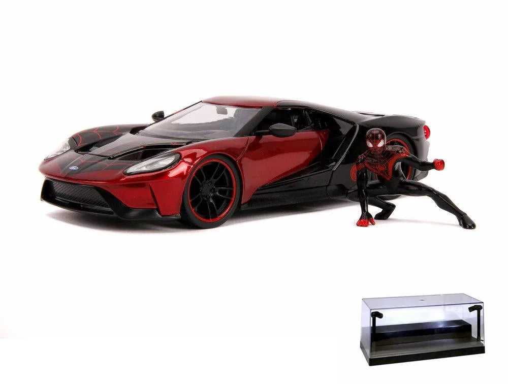 Diecast Car w/Display Case - 2007 Ford  with Miles Morales Spider Man Figure, Red and Black - Jada 31190/4 - 1/24 Scale Diecast Model Toy Car