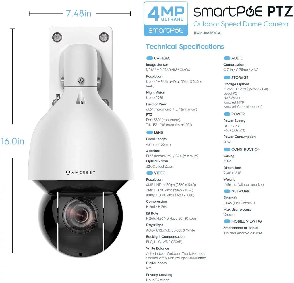 Amcrest 4MP Outdoor   +  Camera Pan Tilt Zoom (Optical 32x Motorized) UltraHD + Camera Security Speed Dome, People and Vehicle Detection , 492ft Night Vision + (802.3at) IP4M-1083EW-