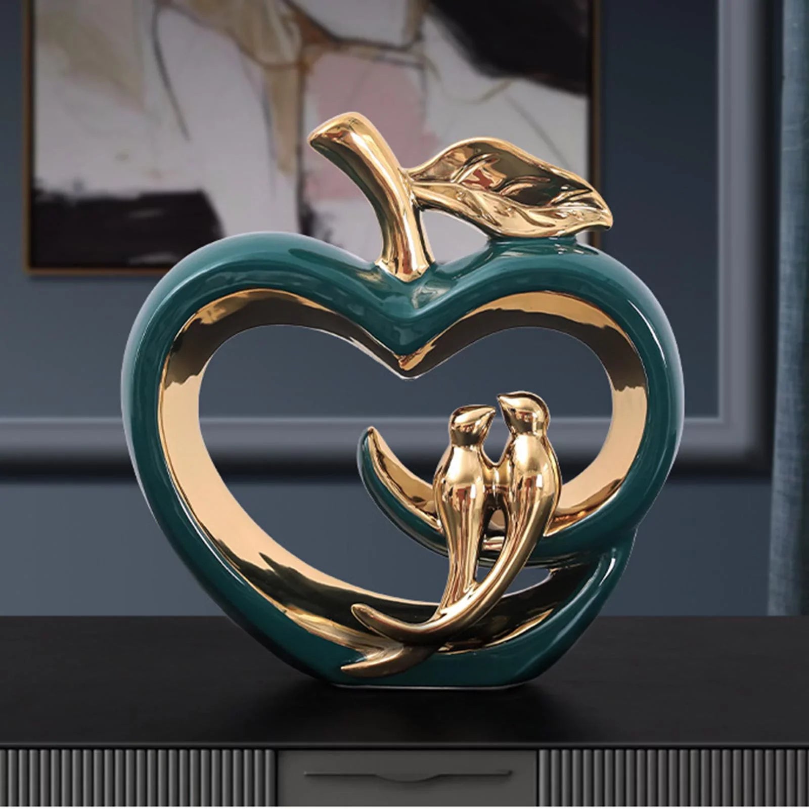 Modern Ceramic Fruit Statue Ornaments Hollow Heart Shape Sculpture, for Living Room, Fairy Garden Desktop Furnishings Gift , Green