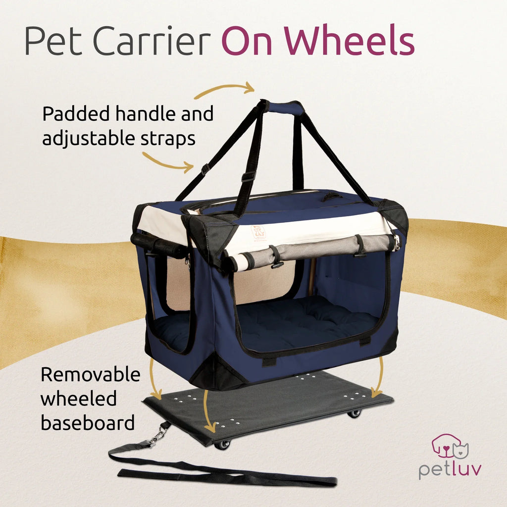 PetLuv Pull-Along Rolling Cat & Dog Carrier & Travel Crate on Wheels, Detachable, Soft Sided, Locking Zippers, Plush Bed, Privacy Windows