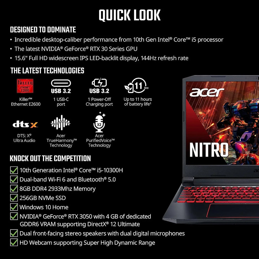 Acer Nitro 5 15.6-Inch 144hz  Gaming Laptop + High Quality 6ft  Cable +  Screen Cleaner + Wired Stereo Gaming Headset + Gaming Controller- Carbon Black