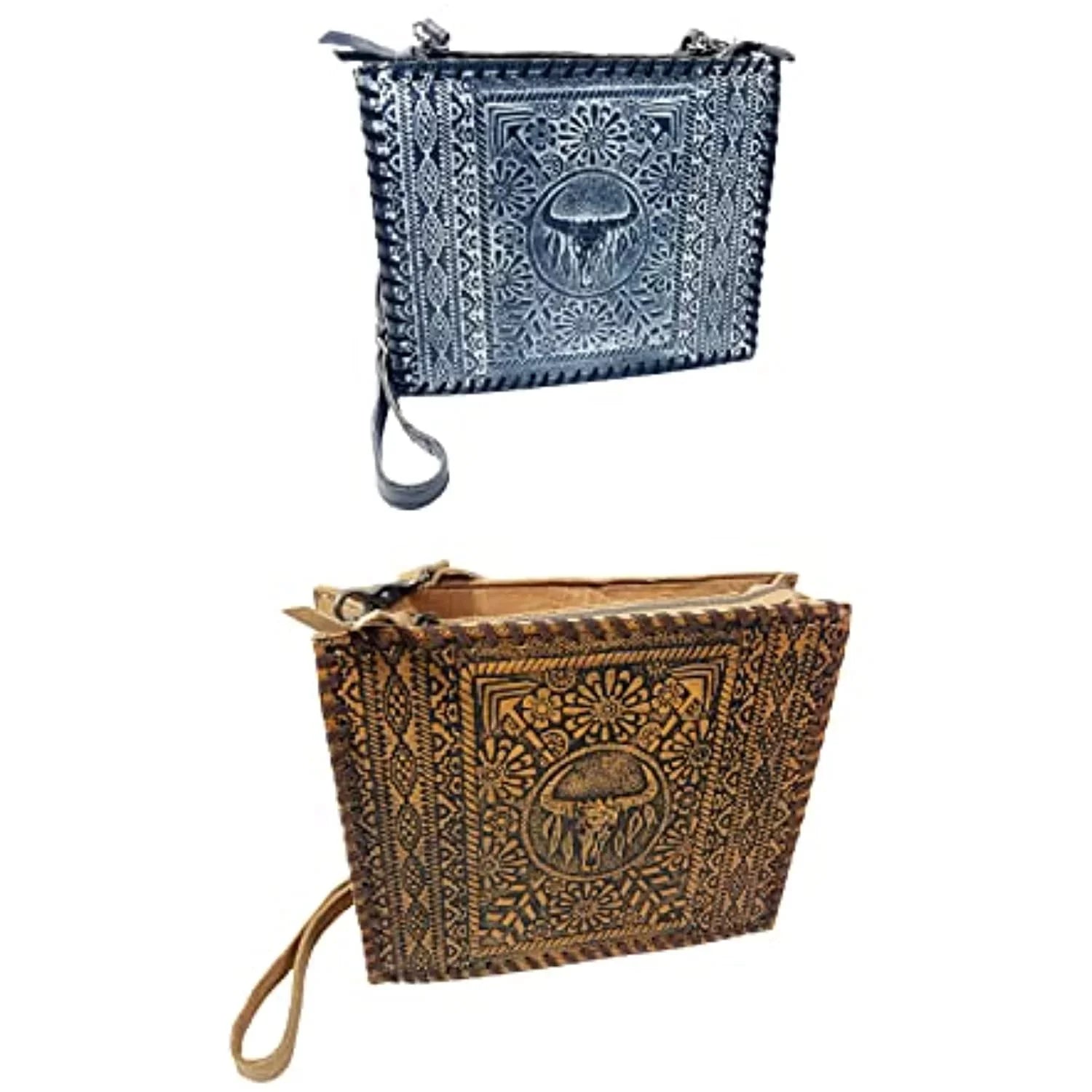 Urbalabs Western Crossbody Purse Large Handbag Genuine Leather Longhorn Cow Skull Tooled Tote Bag Hand Stitched (Blue)