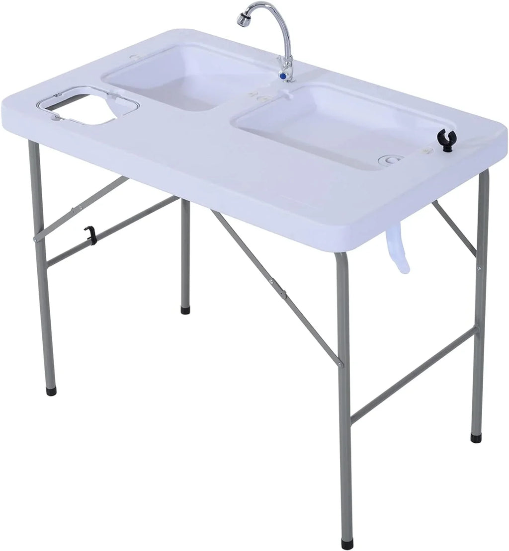 Folding Camping Table with Faucet and Dual Water Basins, Outdoor Fish Table Sink Station, for Picnic, Fishing, 40''