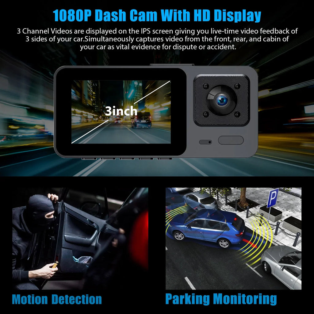 Dash Cam Front and Rear,  3 Channel Dual Dash Camera, 1080P  Screen Car Camera  Backup Cam with Night Vision