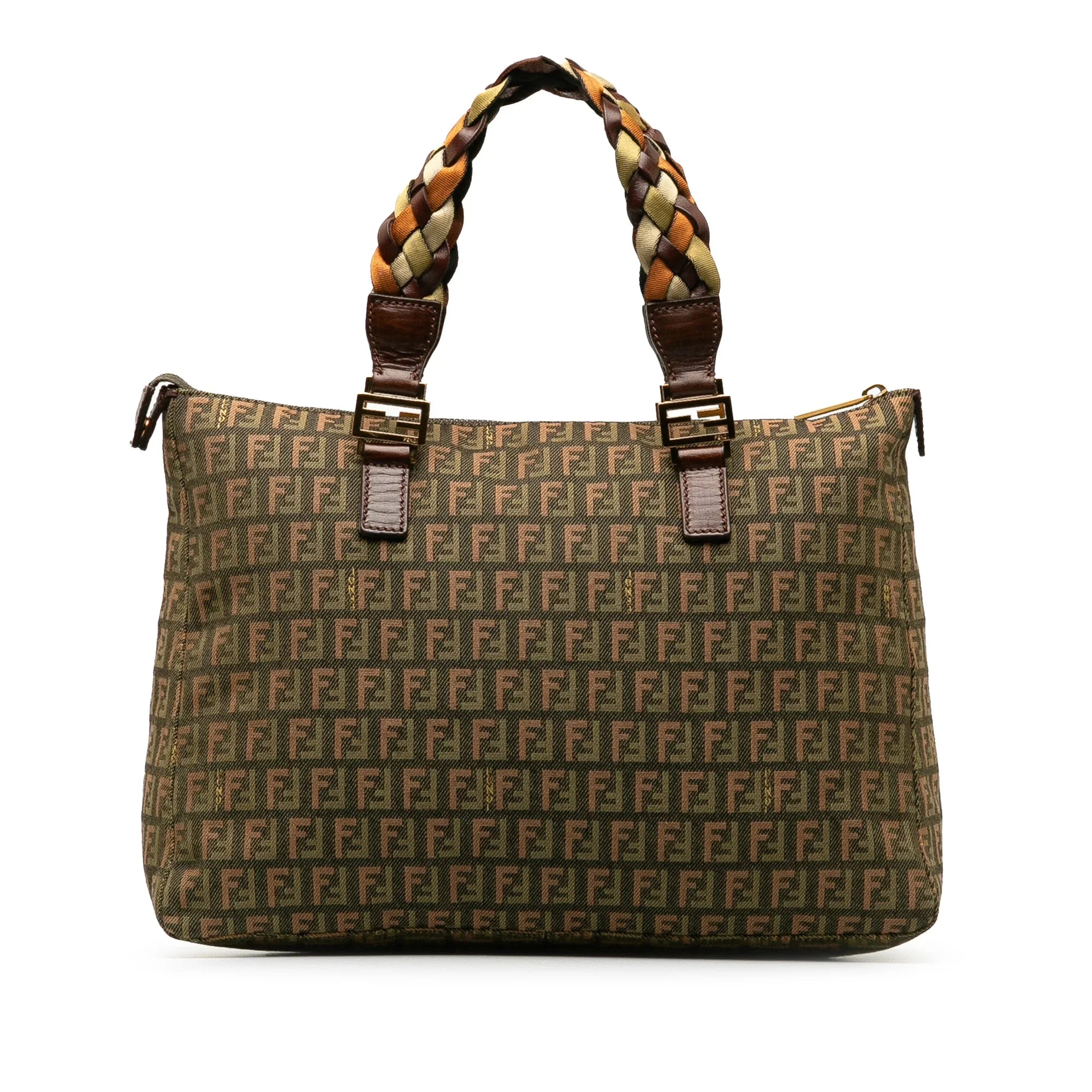 Pre-Owned Authenticated Fendi Zucchino Braided Roll Tote Canvas Fabric Green Tote Bag Unisex (Good)