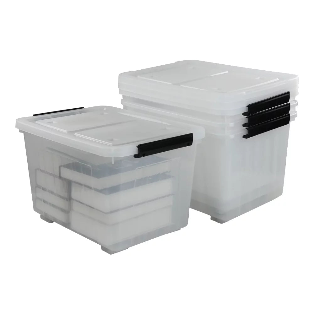 Kekow 4-Pack Clear Plastic Large Storage Box, 30 L Latch Storage Bin with Wheels