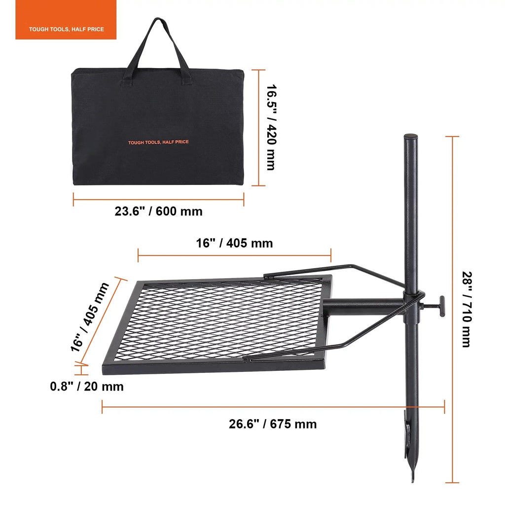 Swivel Campfire Grill 16" x 16" Heavy Duty Steel Open Fire Cooking Grate Adjustable