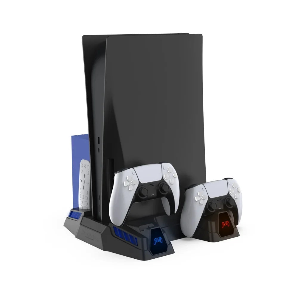PS5 Cooling Stand Base with Charging, Disc Storage, and Multi-Functional Fan - Enhanced Cooling and Charging Dock for PlayStation 5 Digital and Disc Versions Console-Black
