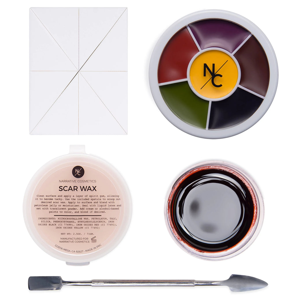 Narrative Cosmetics Starter Effects Kit - 6 Color Bruise Wheel, Scar Wax with Double Sided Spatula, Scab Blood Paste, and Foam Makeup Sponge Block - Perfect for Special  and Theatrical Makeup