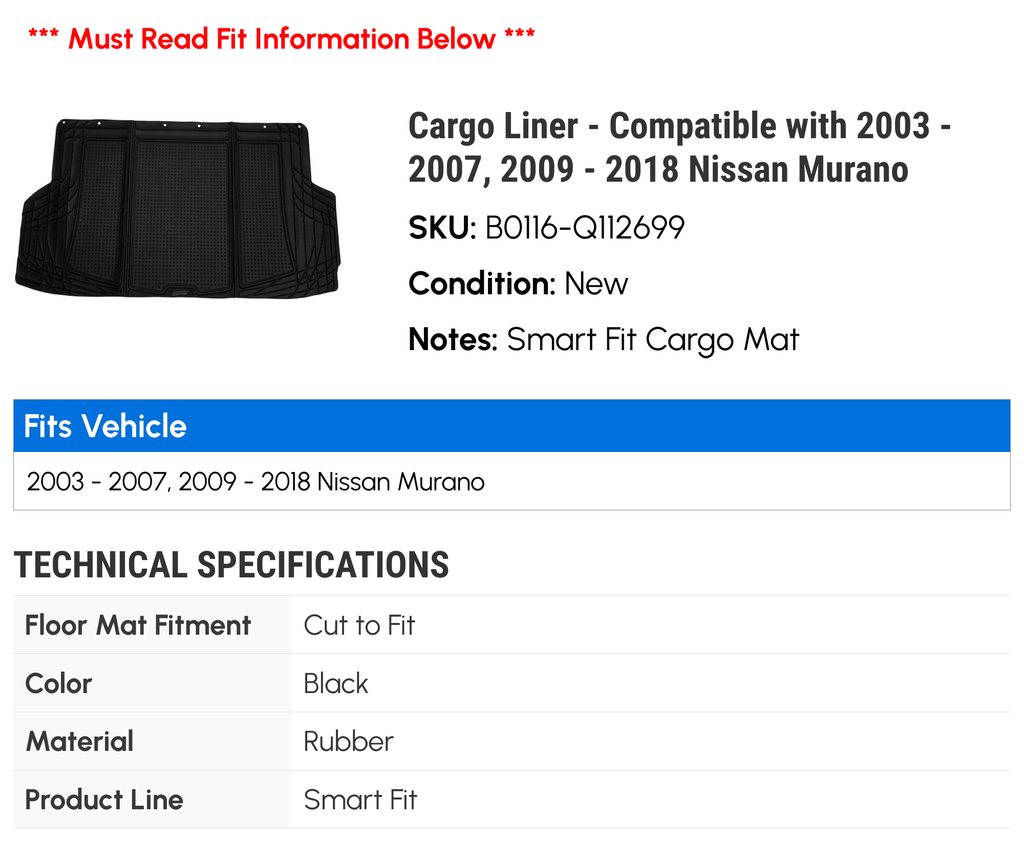 Cargo Liner - Compatible with 2003 - 2007, 2009 - 2018 Nissan Murano 2004 2005 2006 2010 2011 2012 2013 2014 2015 2016 2017