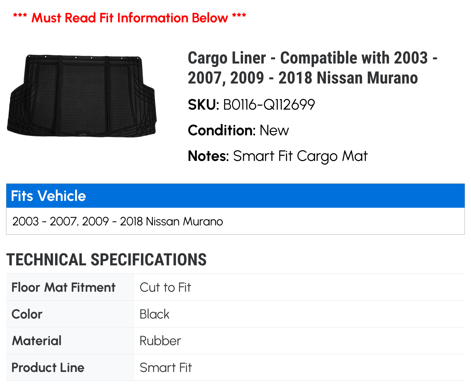 Cargo Liner - Compatible with 2003 - 2007, 2009 - 2018 Nissan Murano 2004 2005 2006 2010 2011 2012 2013 2014 2015 2016 2017