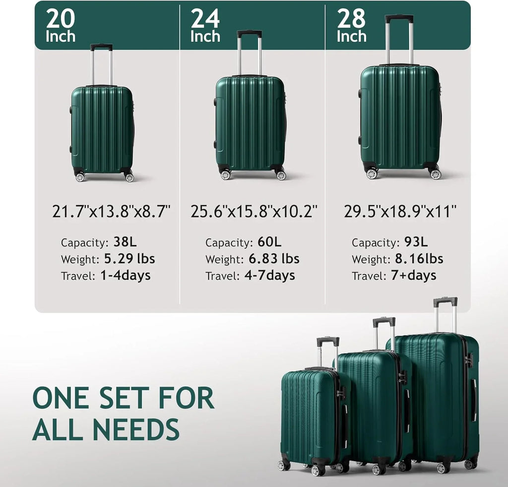 Business - Dark Green (20/24/28)  Luggage Set of 3 Hardside Carry on Suitcase Sets with Spinner Wheels &  lock, Portable Lightweight  Luggages for Travel