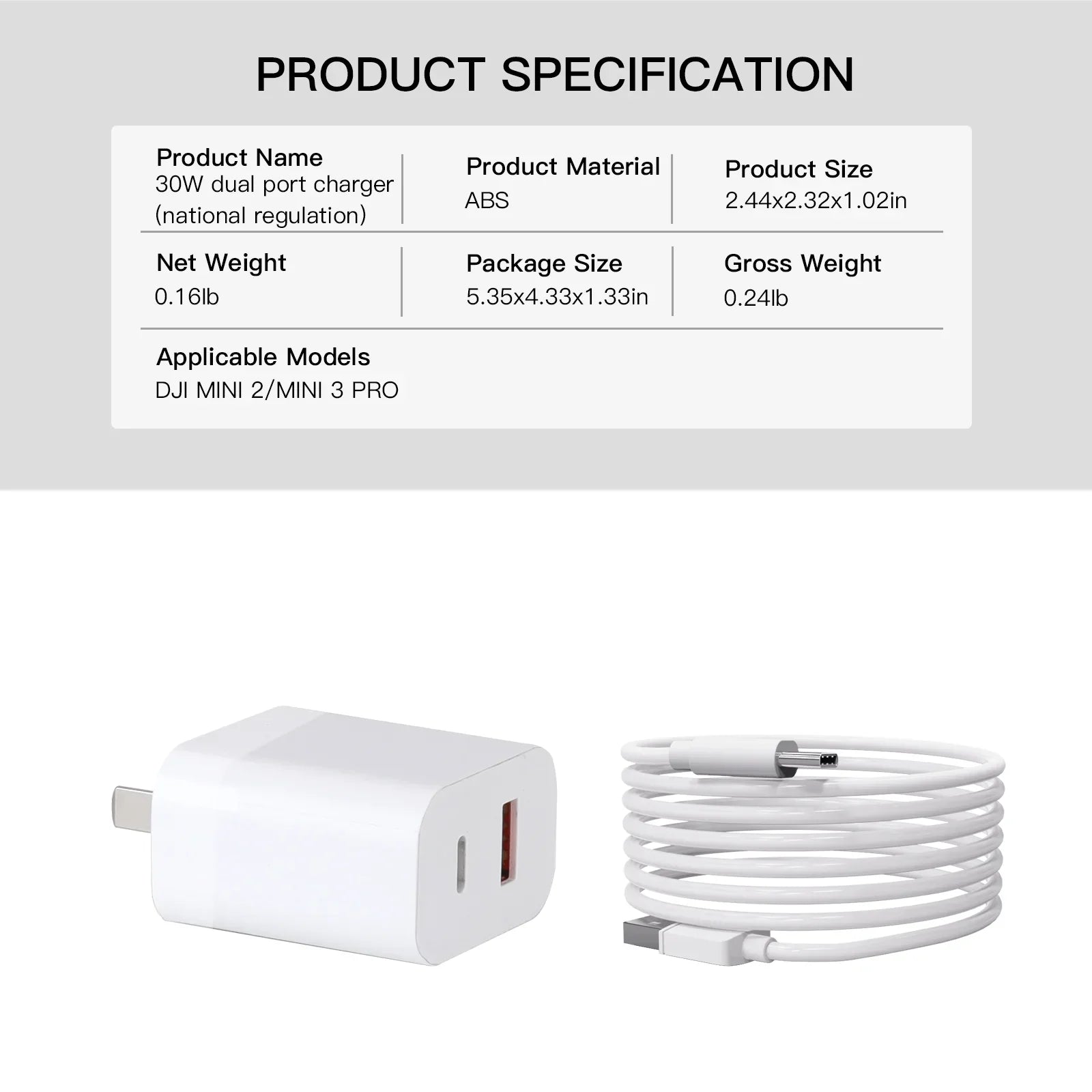 30W  Charger with Type-C Cable Dual-Port Charging for  Mini 2/Mini 3 Pro Charging Parts