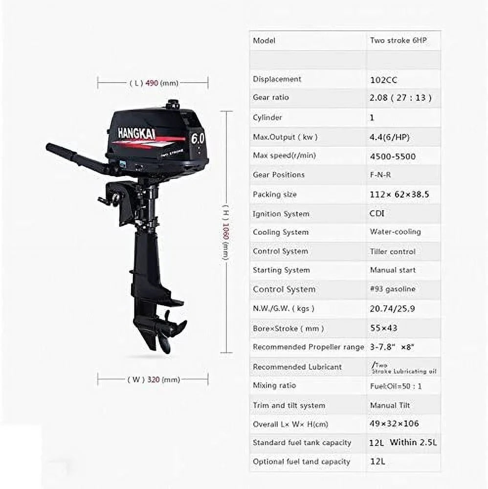 6  2-Stroke Outboard Motor Tiller Shaft Inflatable Fishing Boat Marine Engine Water Cooling  System