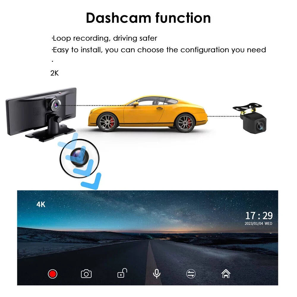 KingFurt T91 Touch Screen Wireless Dash Cam - Dual Lens, Bluetooth Connected, 2K Resolution, 10.26''  Screen, WiFi Enabled