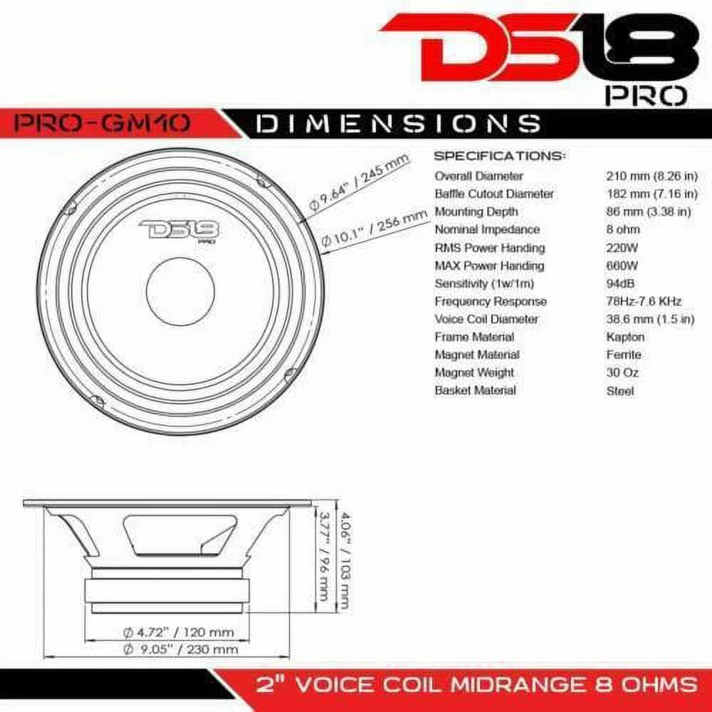 DS18 Pro  10 Inch 660 watt Max 8 Ohm Mid Range Car and Truck Door Loudspeaker