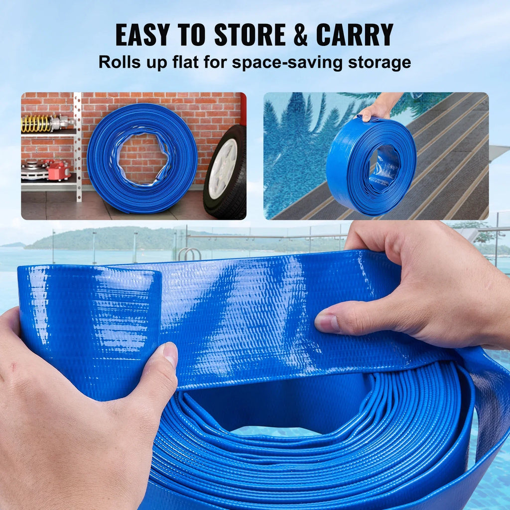 Swimming Pool Filter Backwash Hose with Clamps 2'' x 50' Premium  Lay Flat Discharge Hose Blue Weather and Chemical Resistant