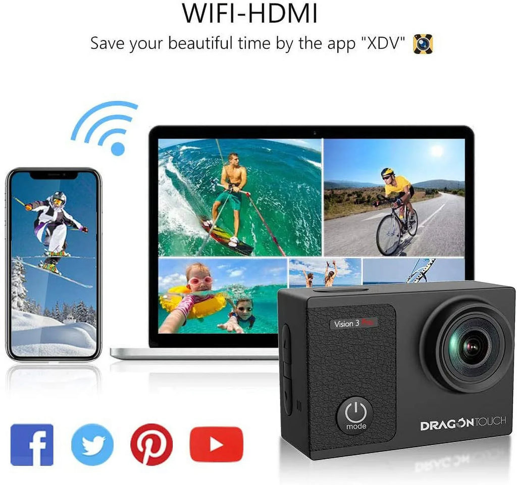 Dragon Touch Vision 3 Pro Action Camera,16MP 4K/60FPS 100ft Underwater Waterproof Camera W/ Touch Screen & Helmet Accessories