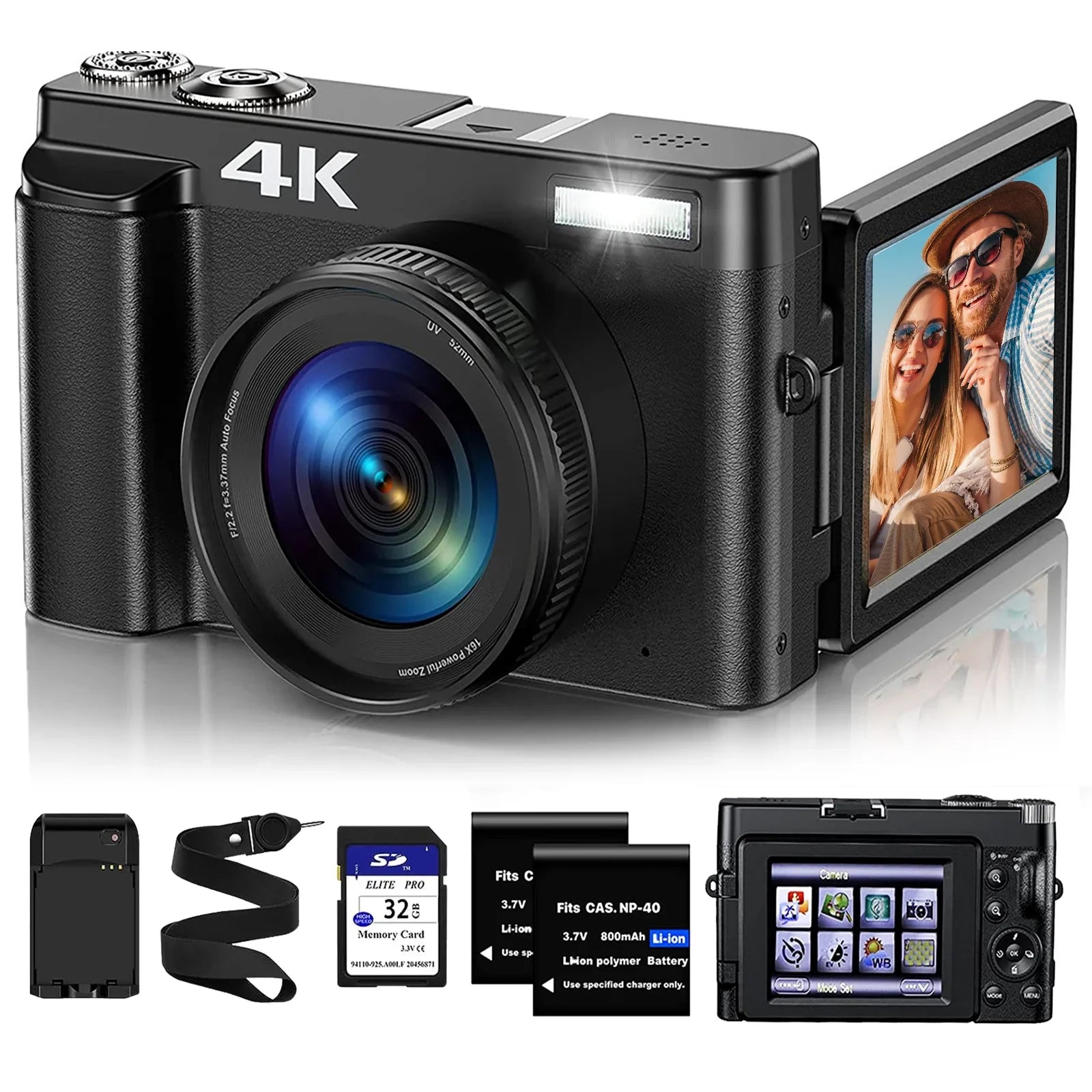 Vlogging Camera 4K Digital Camera for Photography Autofocus 16X Digital Zoom 48MP Video Cameras for YouTube with 32GB Card