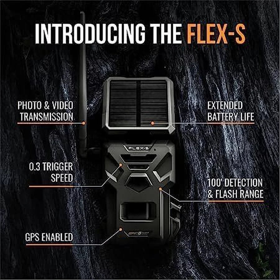 Flex-S Solar Cellular Trail Camera Integrated Solar Panel,  Connectivity, 100-foot Flash/Detection Range, Internal Battery, Optional Battery Backup + Steel Reinforced Strap
