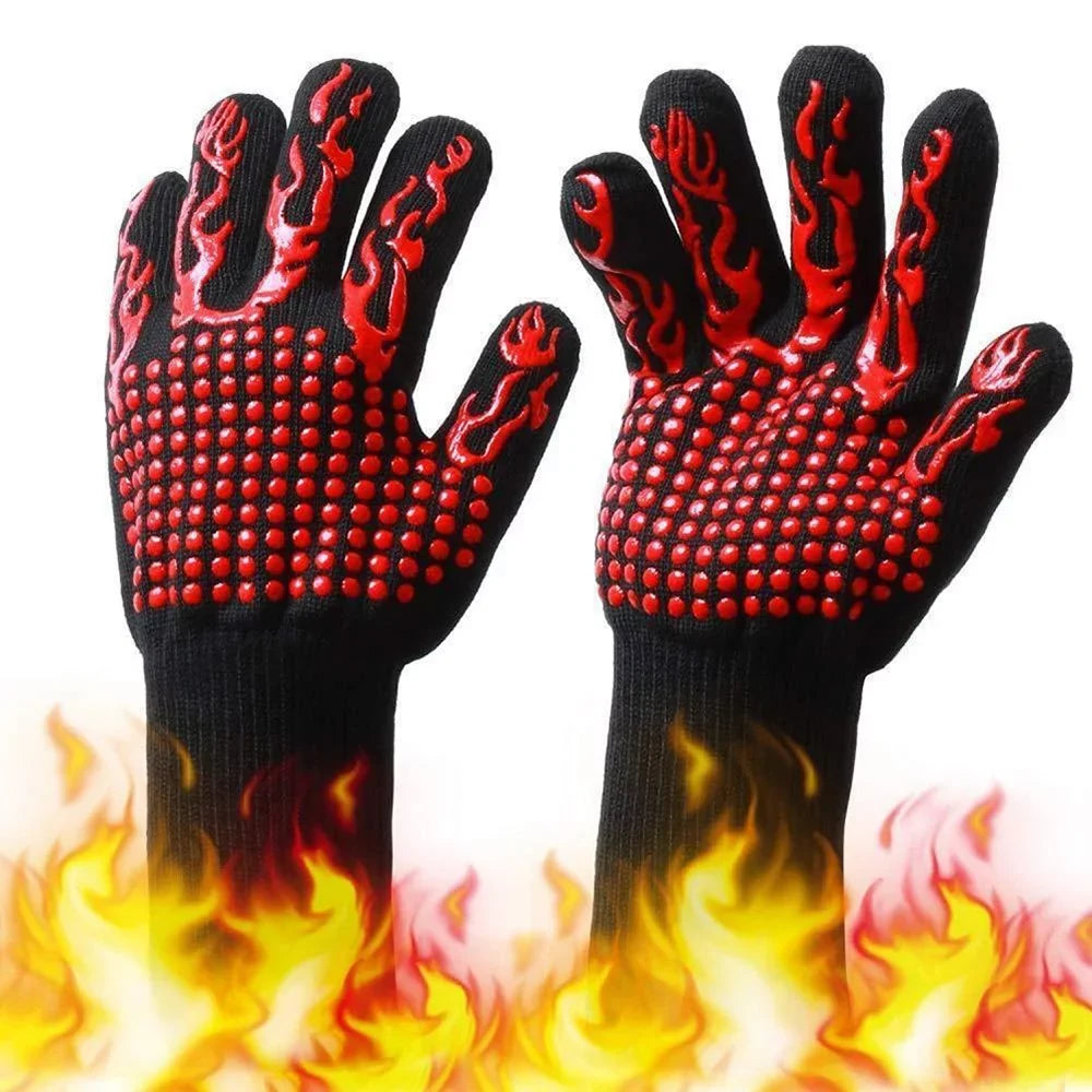 Barbecue Gloves with Silicone -slip Stripe Heat Proof Oven Gloves 500~800℃ Heat Resistant Grill Gloves for Outdoor Barbecue Garden Grilling Kitchen Cooking Welding