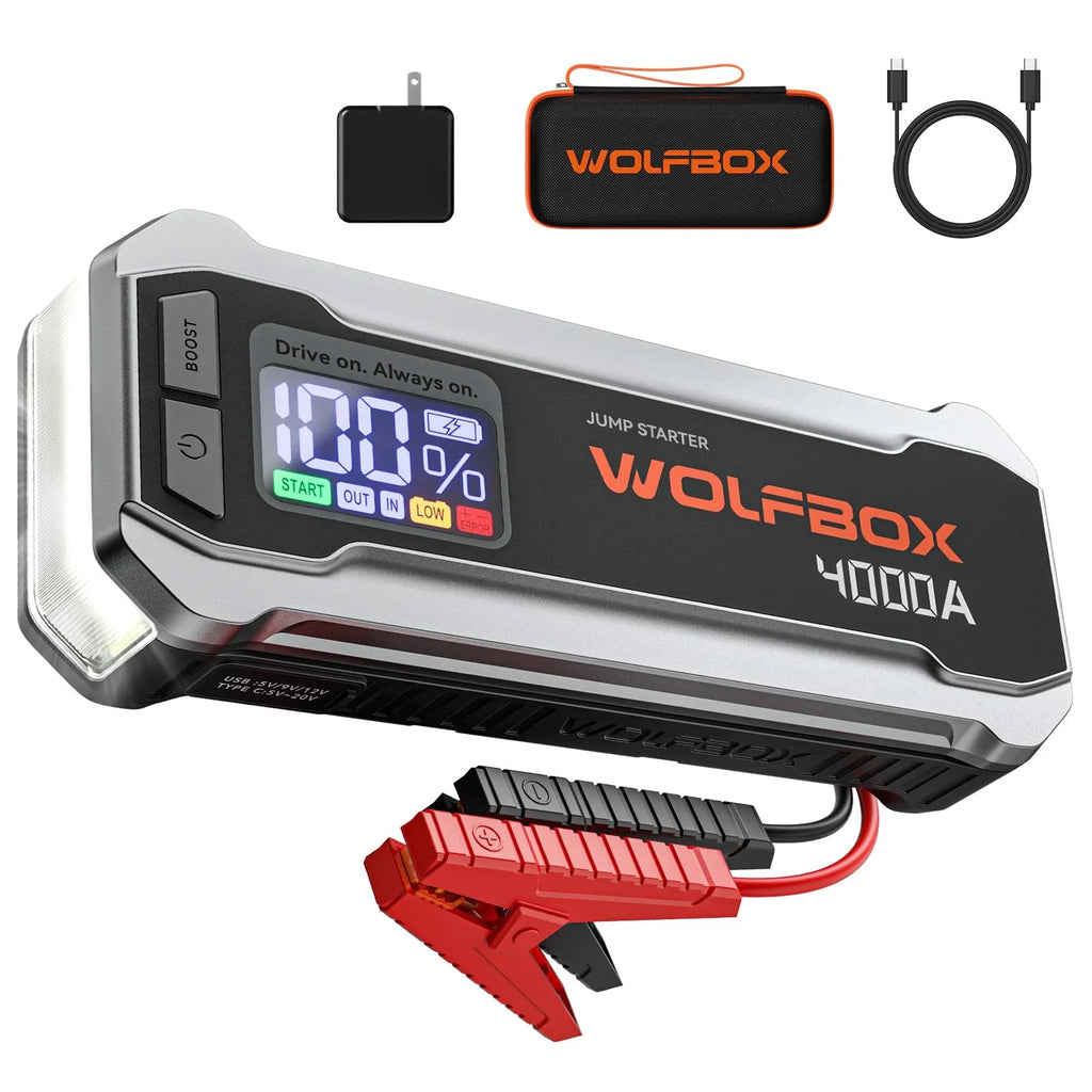 4000A 12V Car Battery Jump Starter(10L Gas 10L Diesel Engine) Powerful Car Jump Starter with 65W Quick Charger, Built-in  Light, Jumper Cables, 24000mAh Portable Jump Starter Battery Pack