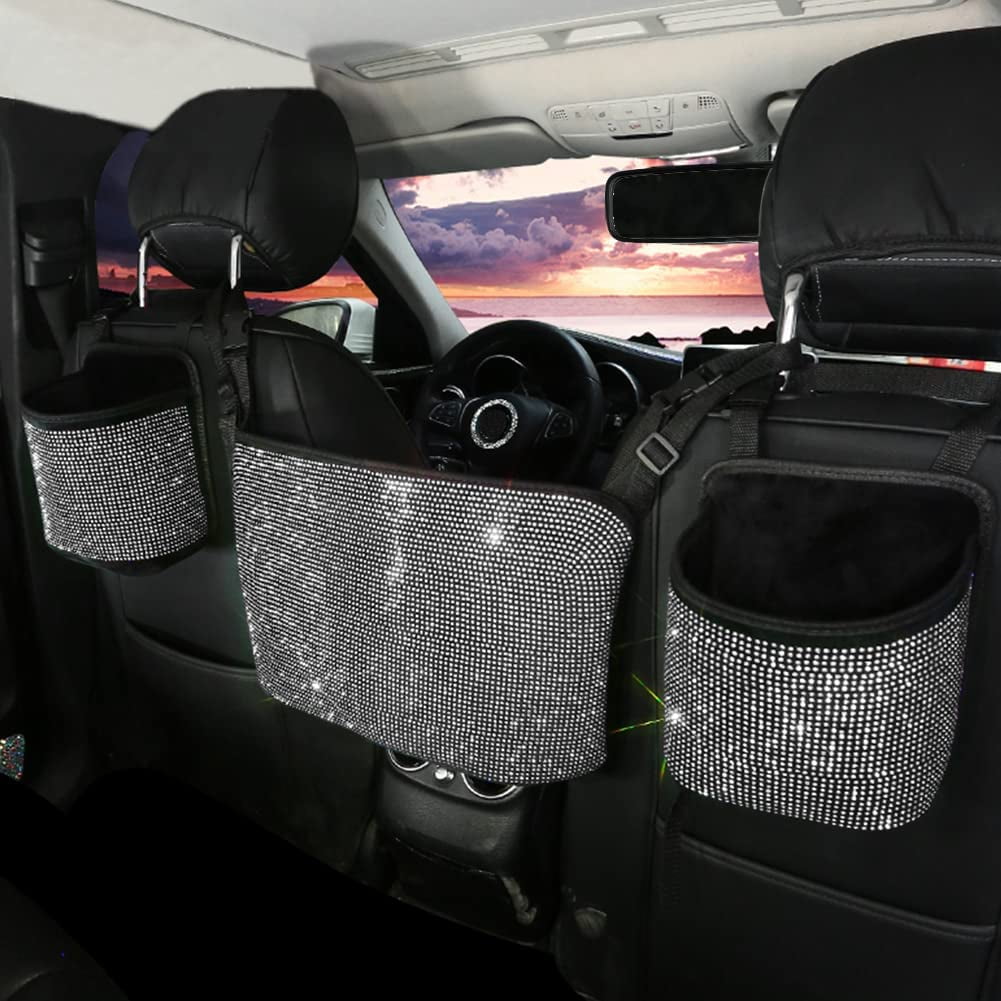 eing Bling Car Handbag Holder Backseat Organizer,Car Net Pocket Between Seat,Back Seat StorageTrash Can,Rhinestones Auto Seat Storage Bag,3-Pack Car Accessories - Plush,White