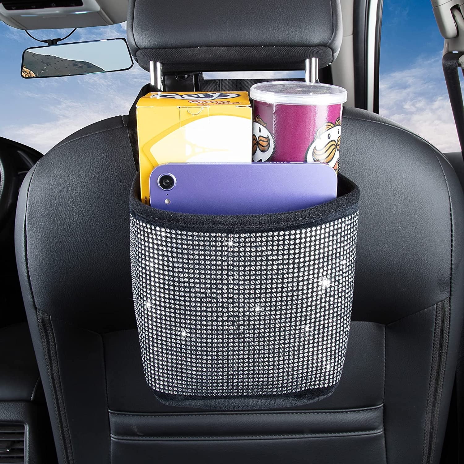 eing Bling Car Handbag Holder Backseat Organizer,Car Net Pocket Between Seat,Back Seat StorageTrash Can,Rhinestones Auto Seat Storage Bag,3-Pack Car Accessories - Plush,White