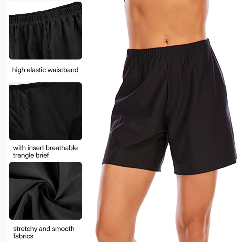 Sexy Dance Women's Swim Shorts Elastic Waist Swimsuit Bottoms Summer Tankini Boyshorts Solid Swim Trunks Black 3XL